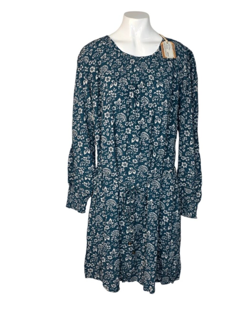Fat Face Hove Smocked Tie Waist Floral Dress, Green, Size 8, Prairie Teal
